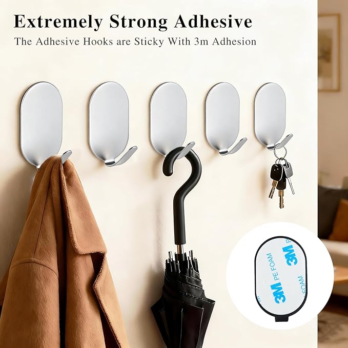 Sticky Adhesive Hooks for Hanging, Key Hooks, Stainless Steel Wall Hooks, Command Hooks, Coat Hooks, Door Hooks, Towel Hanger, Metal Hook, Utility Hooks,Picture Hanger, Storage Hooks,10Pcs (Silver)