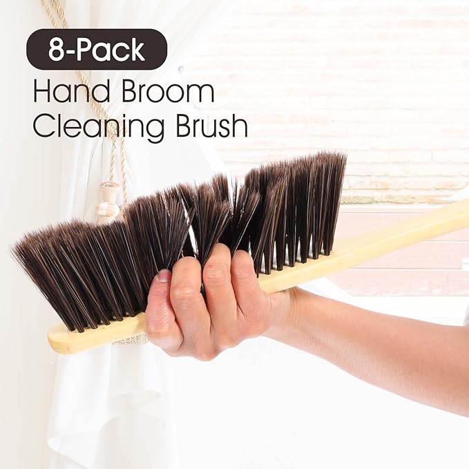 8 Pieces Hand Broom Brush, Natural Wooden Dust Brush Soft Bristles Dusting Cleaning Brush Long Handle Whisk Broom Brush Air Broom for Cleaning Car Bed Sofa Fireplace Clothes Bench Furniture