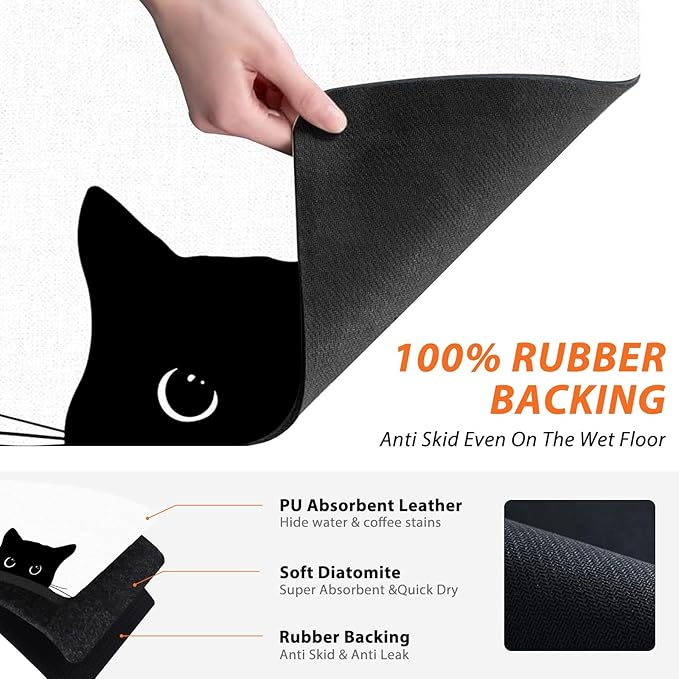 Black Cat Dish Drying Mat - Funny Black Cat Absorbent Dish Drying Mat for Kitchen Counter, Coffee Bar Mat, Coffee Maker Mat for Countertops, 16x17.5 Inch