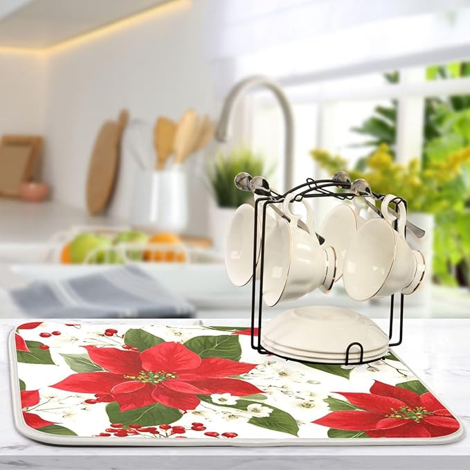 Red Poinsettias with Holly Dish Drying Mat for Kitchen Counter Super Absorbent Drying Mat 16x18 inch Large Dish Drying Matts for Countertop Protector Dishes Pad