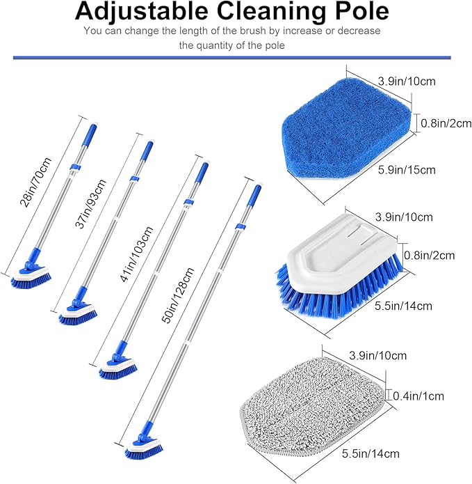Lalafancy Bathroom Scrubber with Extendable Long Handle 50'' -3-in-1 Tub and Tile Cleaning Brush Interchangeable Head Attachment Shower Scrubber for Cleaning Bathroom Shower Bathtub Floor