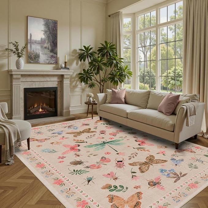 5x7 Pink Washable Area Rugs for Bedroom,Girls Room,Nursery Room,Living Room -Insect Floral Boho Vintage Rug,Soft & Non-Slip,Low Pile Wool Carpet for Indoor Dining Room,and Kids Room(Pink)