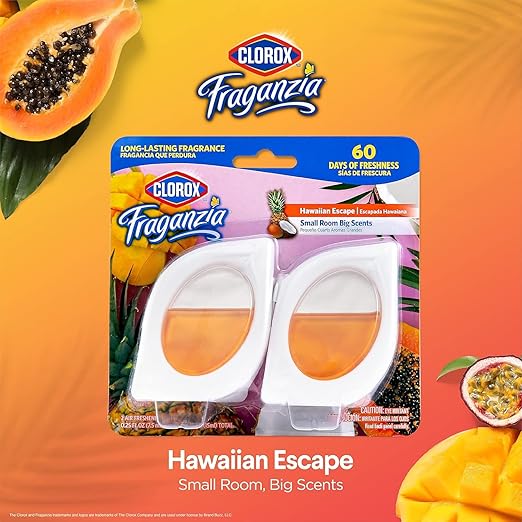 Clorox Fraganzia Small Rooms Air Freshener, Island Escape Scent - Peel & Place Air Freshener, No-Plug, Battery-Free for Closets, Laundry Room, Entry Way, Bathroom, Locker, 0.25 Fl Oz Each, 4 Count