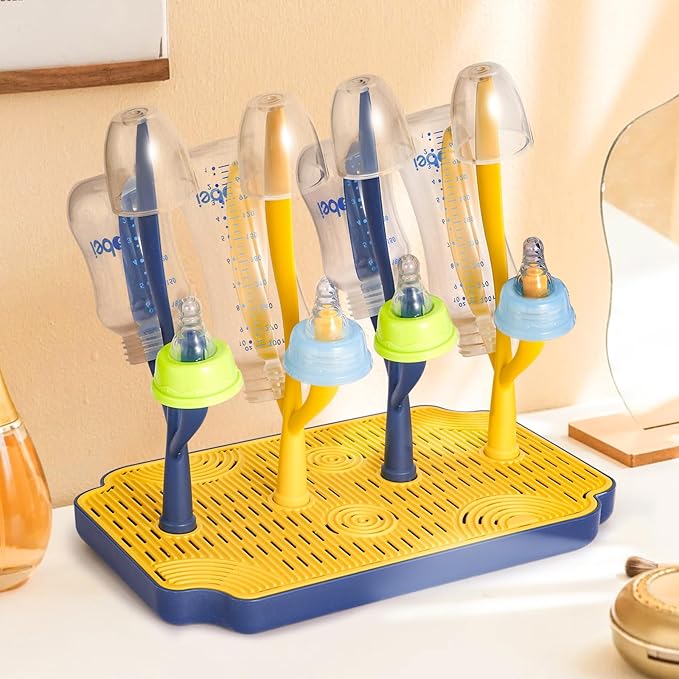 Baby Bottle Drying Rack with Tray – Space Saving Bottle Organizer & Drying Holder for Bottles, Cups, Nipples and Pump Parts – Countertop Rack for Baby Feeding Supplies (Yellow/Blue)