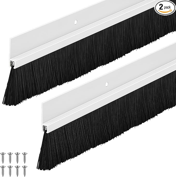 Frienda 2 Set Door Brush Bottom Sweep Brush Weather Stripping Aluminum Door Seal with Screws for Gaps up to 1 Inch, for Home, Commercial Gate, Fill Gaps Dust, Debris (1.5 x 36 Inch,White)