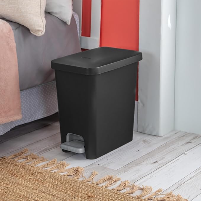 Sterilite 2.7 Gallon Rectangular Step On Kitchen Trash Bin Plastic Indoor Wastebasket with Removable Liner and Bag Holding Feature, Black (6 Pack)