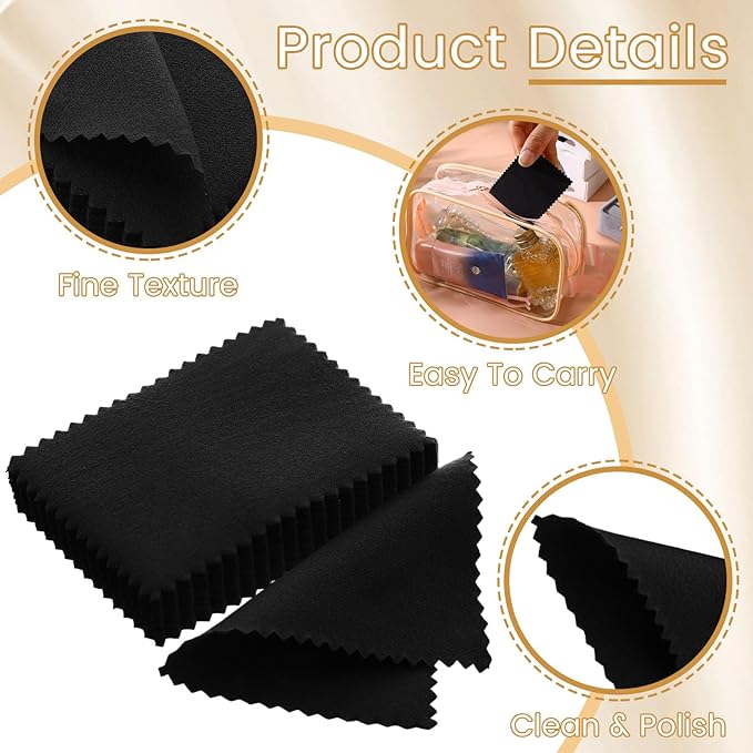 Tatuo 200 Pieces Jewelry Polishing Cloth 2.36 x 3.15 Inch Double-Sided Polishing Cloths Silver Glasses Cleaning Tools for Gold Silver and Platinum Jewelry Watch Coins Glasses(Black)