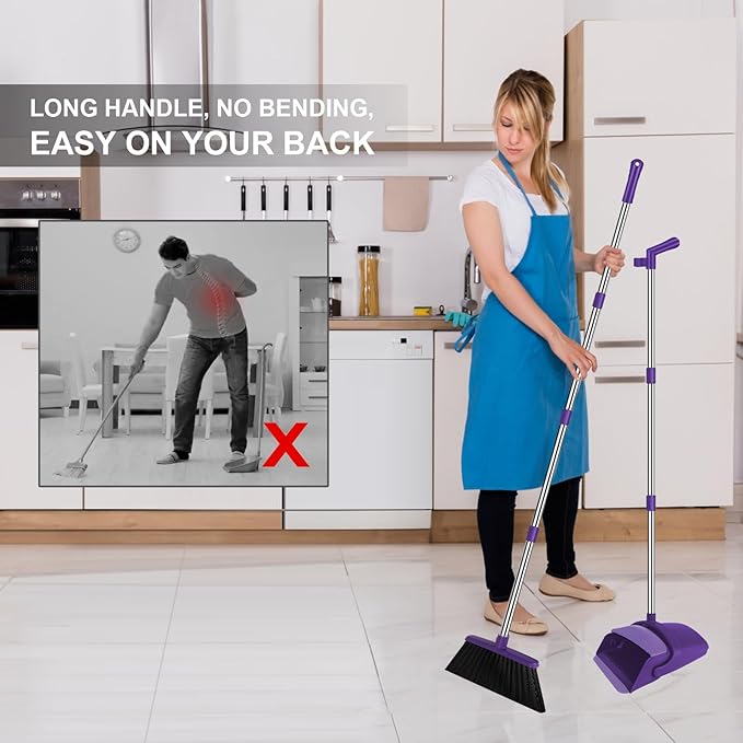 Purple Broom with Dustpan Combo Set, 51" Long Handle Household Kit for Home for Pet Hair