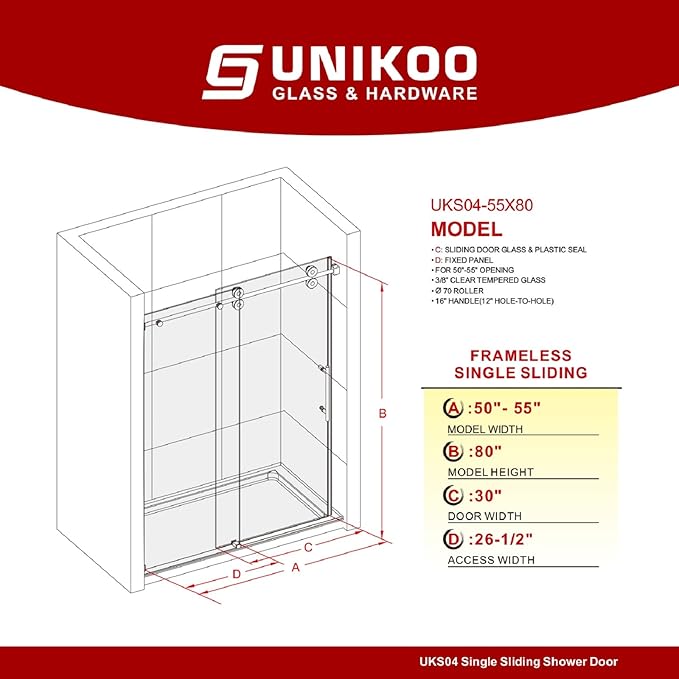 50-55 Inch x 80 Inch Sliding Frameless Shower Door, 3/8" Tempered Glass with Easy-Cleaning Coating, Stainless Steel Rollers & SGCC-Certified Stability, Space Gray