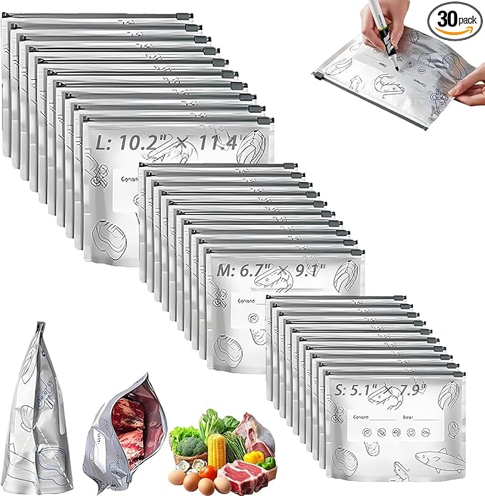 30PCS Reusable Aluminum Foil Sealable Storage Bags Reusable Aluminum Foil Freezer Bags For Snacks Spices Meat Vegetables Dried Foods (10*S+10*M+10*L)
