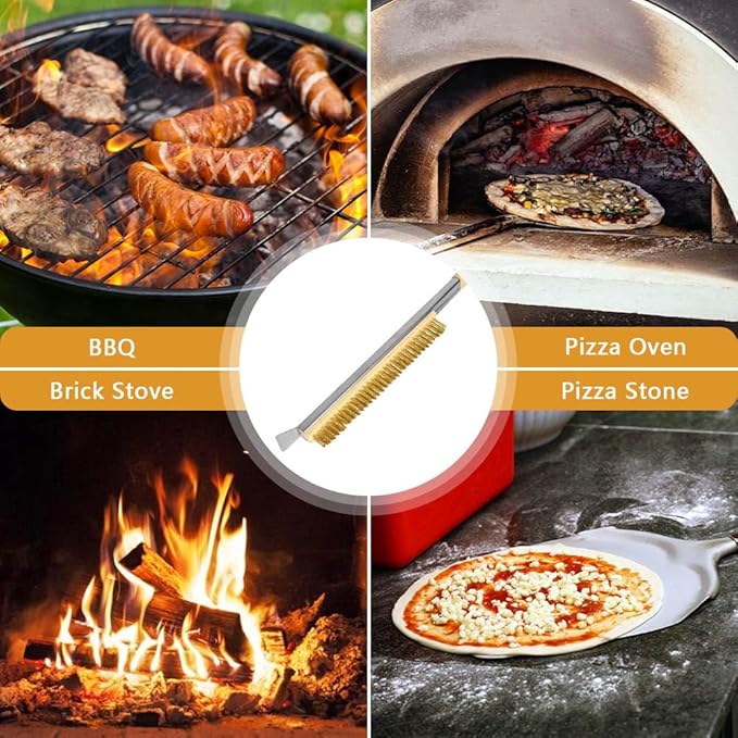Pizza Oven Brush, 26" Brush and Stainless Steel Scraper for Pizza Stone, BBQ Grill Cleaning Brush Non Scratch Heat Proof Brass Bristles with Screwdriver, Outdoor Pizza Oven and Accessories