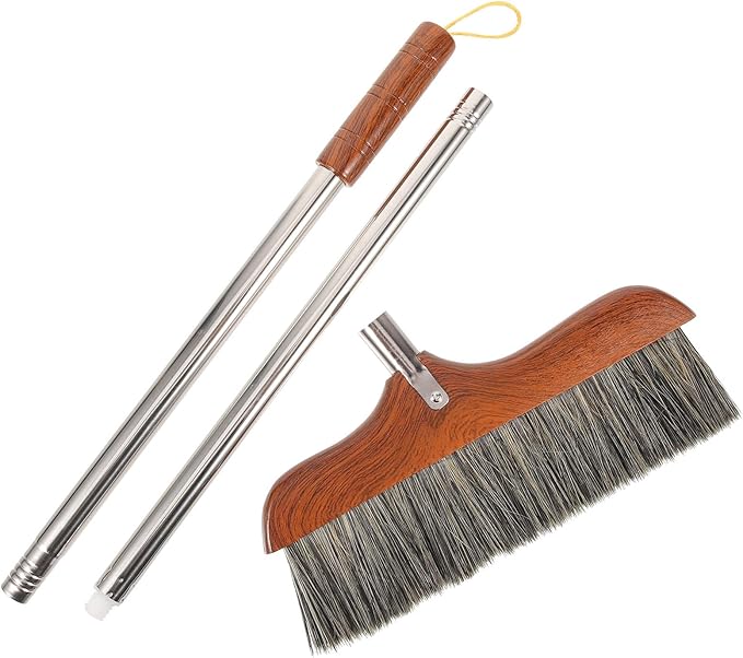 Yardwe Horse Hair Soft Bristle Broom Wooden Handle Angle Broom Floor Cleaning Broom Hair Removal Sweeper Carpet Sweeping Brush for Indoor Outdoor Kitchen