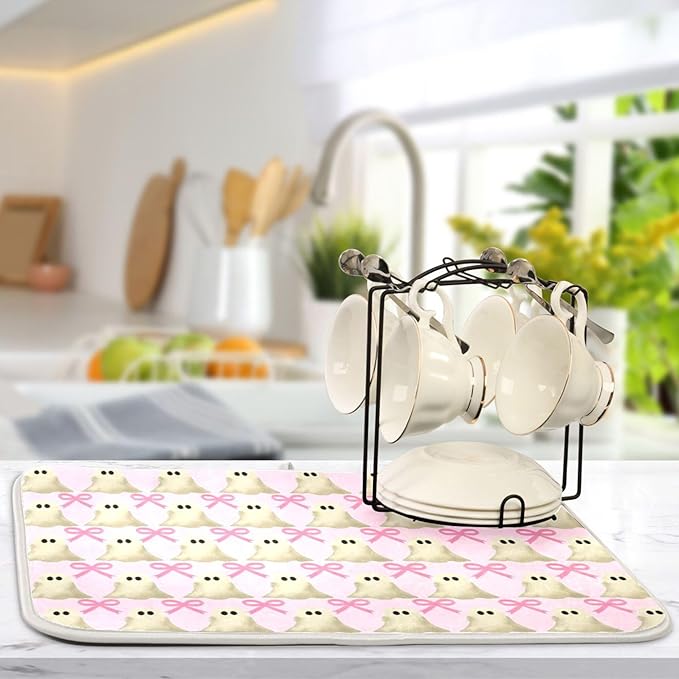 Halloween Ghost Bow Dish Drying Mat for Kitchen Countertop 16x18 Pink Bowknot Spooky Small Drying Mat Reusable Quick Dry Dish Sink Mats Easy Clean Decorative Essentials