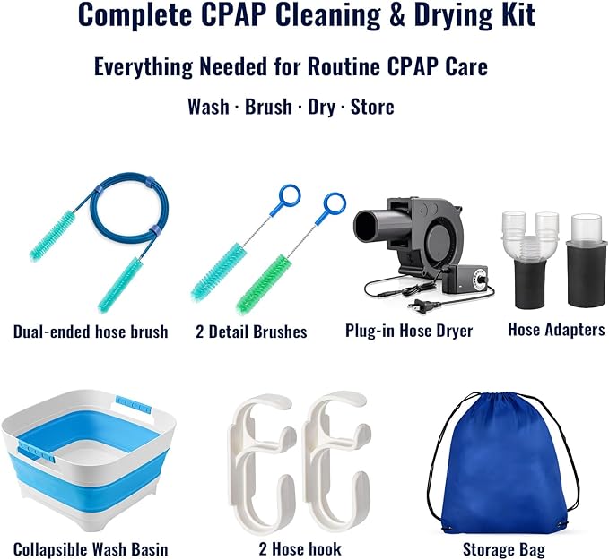 Complete CPAP Cleaning Kit with CPAP Hose Dryer, CPAP Dryer and Cleaning Supplies for 22 mm & 15 mm Tubing, CPAP Hose Cleaner Brush, Collapsible Wash Basin, and 2 Hooks (Ultra)