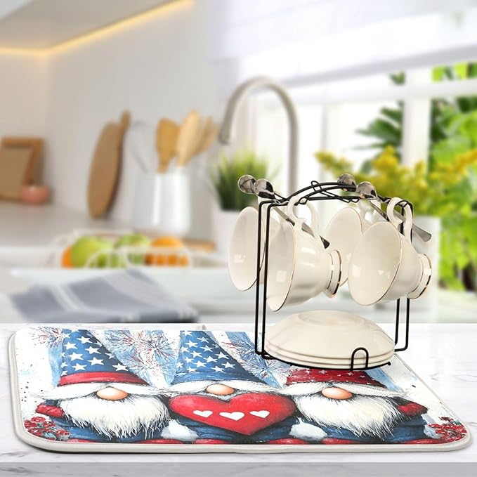 Three Cute Gnomes Pattern Dish Drying Mat for Kitchen Counter Super Absorbent Drying Mat 16x18 inch Large Dish Drying Matts for Countertop Protector Dishes Pad