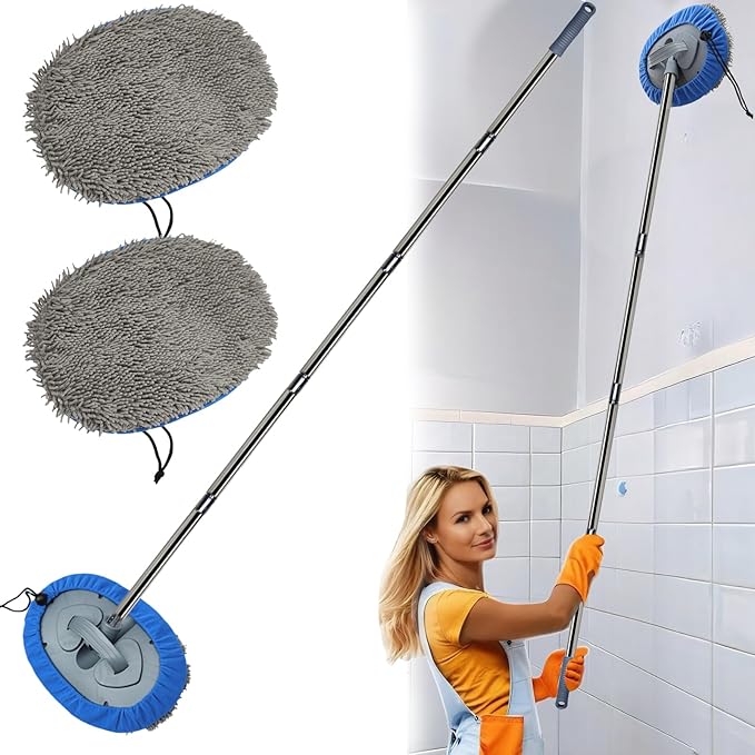 Max 83'' Wall Mop, Wall Cleaner with Long Handle, Ceiling Dust Mop with 15° Labor-Saving Elbow Extension Pole, Baseboard Duster Washer Scrubber, High Reach Window Cleaning Brush, Roof Cleaning Tool