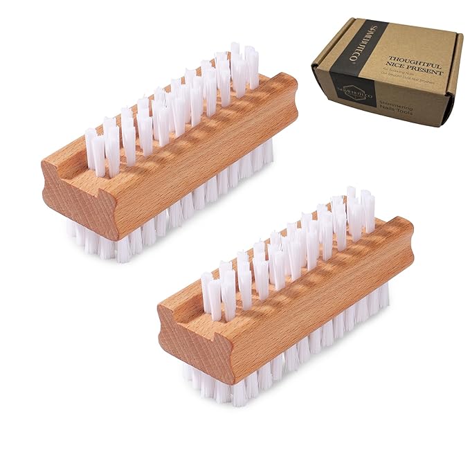 2 Pack Non-Slip Wooden Hand & Nail Brush,Dual-Sided Fingernail Scrub Brush for Deep Cleaning Nails,Hands & Feet Heavy Duty Mechanic Hand Brush with Stiff Bristles and Molded Beech-wood Grip