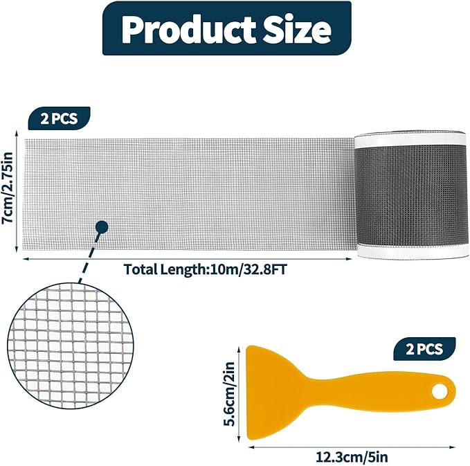 2 PCS 2.75 Inch x 33 FT Disposable Shower Drain Screen Self-Adhesive Stickers, with Cleaning Shovel, Showers Drain Hair Catcher, Shower Drain Mesh Stickers for Bathroom Kitchen Sink