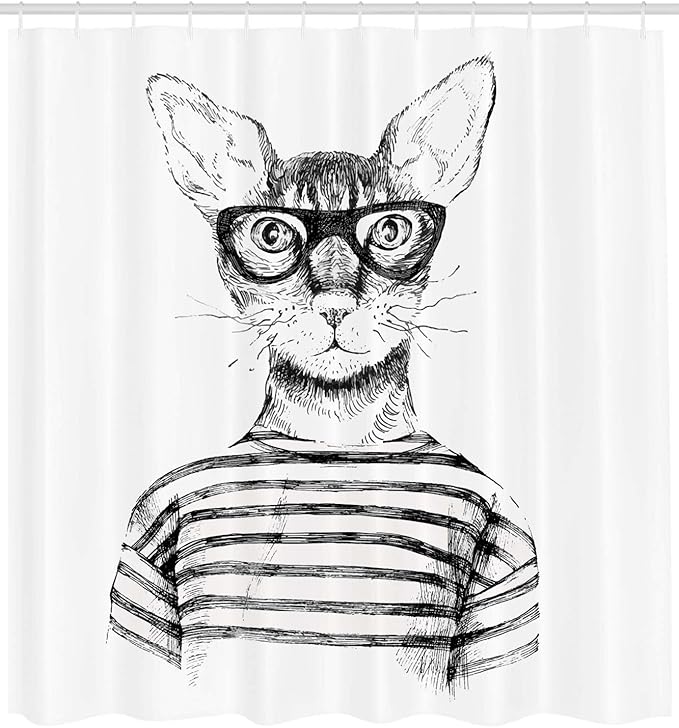 Ambesonne Cat Shower Curtain, Hand Drawn Dressed up Hipster New Age Cat Fashion Urban Free Art Print, Cloth Fabric Bathroom Decor Set with Hooks, 69" W x 70" L, Gray White