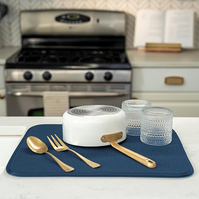 S&T INC. Dish Drying Mat, 16” x 18”, Absorbent Microfiber Kitchen Counter Mat, Dish Drying Pad for Dishes, Utensils, Pots and Pans, Large, Navy