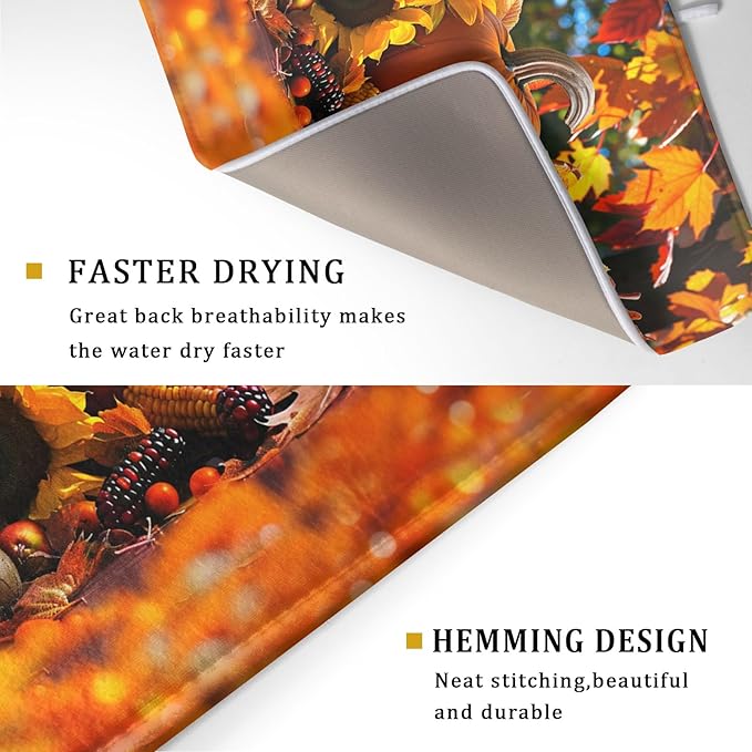 Fall Harvest Pumpkin Dish Drying Mat for Kitchen Counter,Thanksgiving Maple Leaves Sunflower Drying Mat 18 x 24 Inch with Absorbent Reversible Microfiber Dish Drying Pad for Coffee Bar