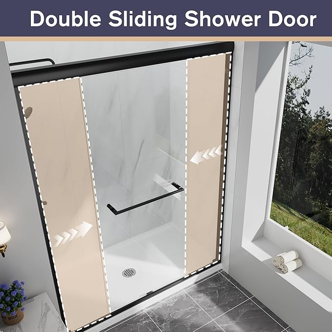 Double Sliding Shower Door, 55"-60" W x 70" H Semi-Frameless Glass Shower Door, 1/4'' (6mm) Clear SGCC Tempered Glass with Explosion-Proof Film and Nano Coating, Matte Black