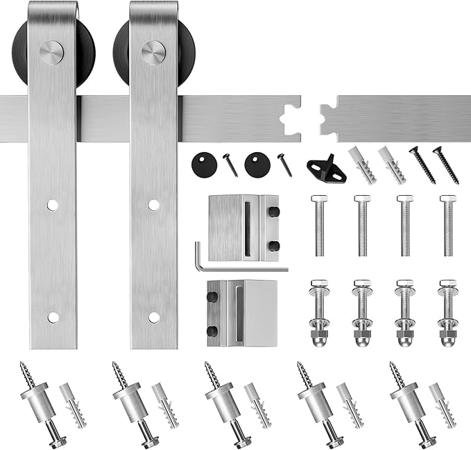 SMARTSTANDARD 7 Feet Brushed Nickel Barn Door Hardware Kit-Heavy Duty Sliding Track-Smoothly and Quietly-Easy to Install-Fit 42" Wide Door Panel (J Shape Hanger)