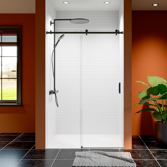 46-48 Inch Frameless Sliding Shower Door, 76" Height, 5/16" (8mm) Clear Tempered Glass, Smooth Gliding Track & Anti-Jumping System, Stainless Steel Matte Black Finish