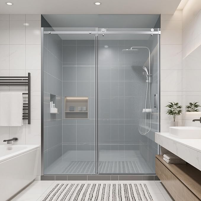 56-60" W x 74" H Frameless Shower Doors, Bathroom Single Sliding Shower Glass Doors with 5/16" (8mm) Clear SGCC Tempered Glass and Stainless Steel Handle, Reversible Installation, Chrome