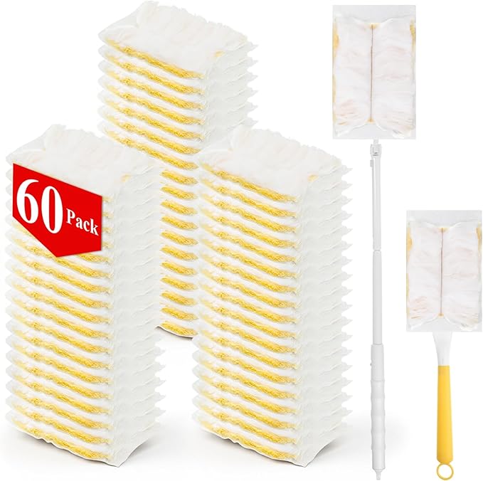 62 Pcs Duster Refills for Swiffe Duster, 360° Heavy Duty Dusters Refill Electrostatic Compatible with Dusteres, Disposable Dusters Kit with 1pcs Retractable Handle for Furniture, Blinds