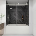 KPUY Tub Shower Door, 55-60" W x 60" H Frameless Sliding Bathtub Door, 1/4" (6mm) Thick Tempered Clear Glass with Explosion-Proof Film Nano Coating, Stainless Steel Frame, Brushed Nickel