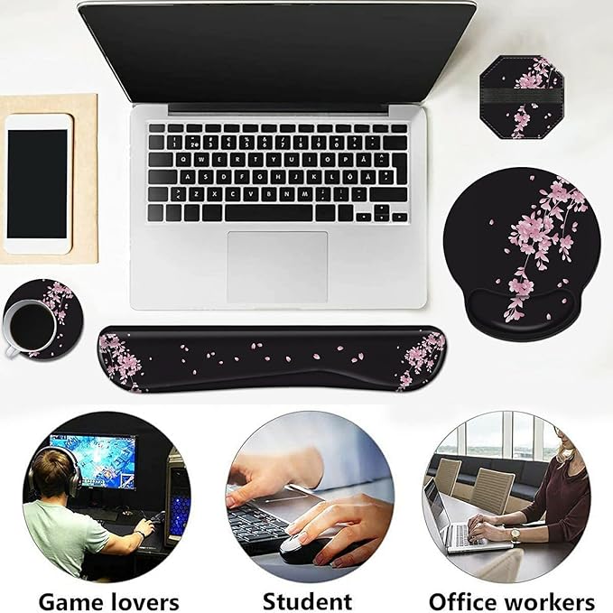 Wrist Rests for Keyboard and Mouse Support Gel Pad + Screen Cleaning Pad + Coaster, Cloth Wipes for Laptop/Computer Screen, Ergonomic Memory Foam Mousepad for Gaming/Work, Cherry Blossoms