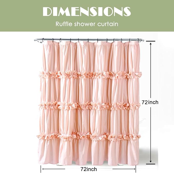 Peach Ruffle Shower Curtain, Vintage Handcrafted Bow Tie Bath Curtain for Master Bathroom, Ruched Microfiber Bathroom Curtain with 12 Buttonholes, 72" W x 72" H (LQ-10)