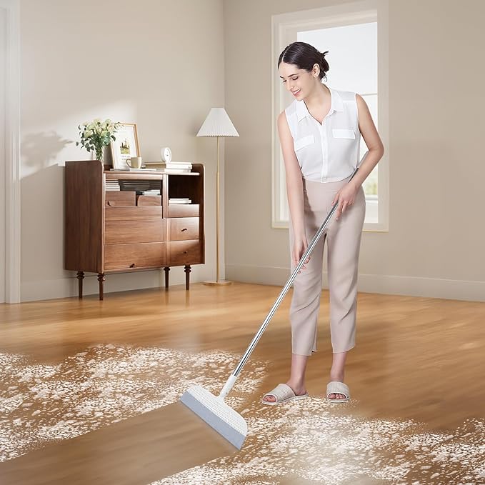 53.5-Inch White Rubber Broom Squeegee with 180 Rotating Head, Long Handle Multifunction Scraping Silicone Broom Floor Sweeper, Pet Hair Remover, Window, Mirrors, Tile Cleaning