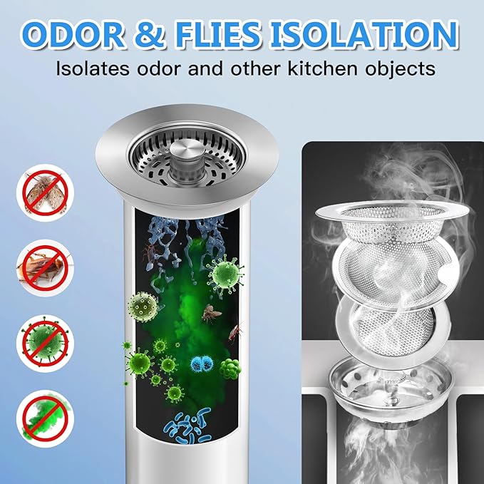 3-in-1 Stainless Steel Kitchen Sink Drain Strainer, JOMST Kitchen Gadget – Fast Drain, Water-Saving Stopper & Odor Blocker， Fits Standard 3.5″ Sink Drains