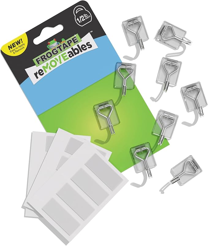 FrogTape reMOVEables Damage Free Adhesive Hook - Removable & Reusable Small Wire Wall Hooks for Hanging - No Nails - Includes 9 Hooks & 12 Adhesive Strips - Holds up to 0.5 lb - Clear (Pack of 9)