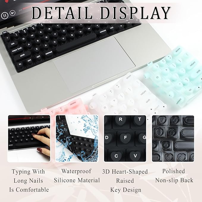 Keyboard Cover for Long Nails, Acrylic Gel Nails - Silicone Keyboard Protector Skin with Raised Keys for Typing and Gaming, Compatible with MacBook Pro/Air 13"/14"/15"/16" 2020-2025 (Black)