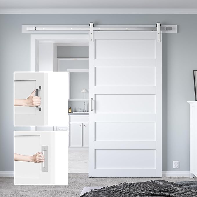 42in x 96in White Sliding Barn Door with 7ft Brushed Nickel Barn Door Hardware Kit & Handle, 5-Panel, Pre-Drilled Holes Easy Assembly, Water-Proof PVC Surface
