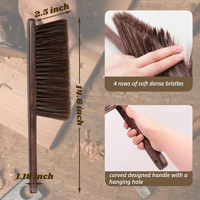 Woooden Hand Broom Dust Brush Bench Brush with Wood Handle Whisk Broom Soft Bristle Brush for Clothes Bed Fireplace Sofa Counter Car Household Cleaning