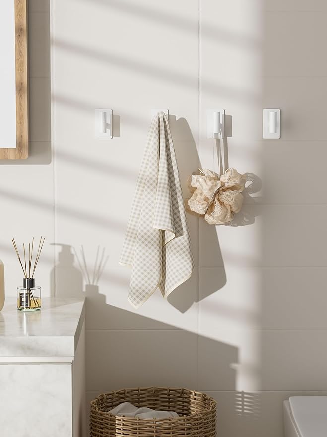 Towel Hooks for Bathrooms – 2 Pack, Smooth White Finish, T-Shaped Stainless Steel Adhesive Wall Hooks for Robes & Towels in Kitchen, Shower, or Closet