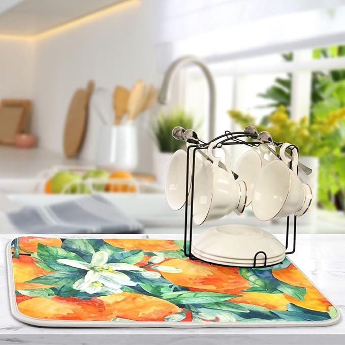 Tarity Watercolor Orange Dish Drying Mat for Kitchen Counter Absorbent Heat Resistant Microfiber Dishes Drainer Mat 18x24 in Large Dish Pad Sink Mat Protective Pad Kitchen Decor
