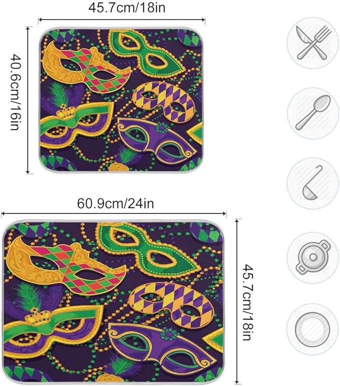 Mardi Gras Dish Drying Mat for Kitchen Mask Beads Confetti Masquerade Party Microfiber Drying Mats Absorbent Reversible Dish Pad Medium Dish Draining Mat 16x18 inch