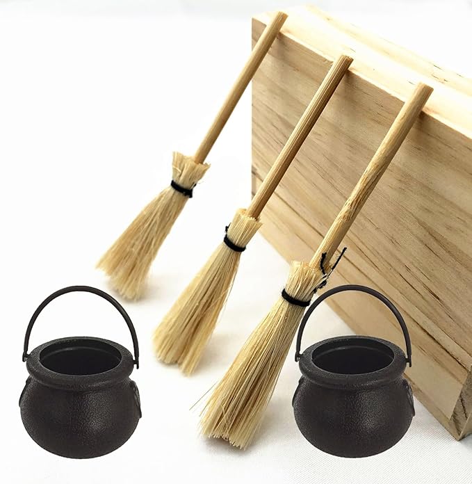 Mini Plastic Cauldron and Mini Broom Halloween Decorations Witch Pot Black Buckets for Halloween Party Birthday St.Patrick's Day, DIY Crafts Accessories (6Pcs Black Buckets+6Pcs Broom Sticks）