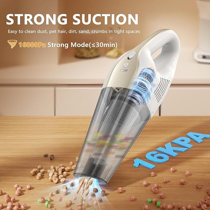 Handheld Vacuum Cordless, 16000Pa 160W Handheld Car Cordless Vacuum Cleaner with LED Screen,30Min Powerful Hand Vacuum Cordless Rechargeable Lightweight Car Vacuum Cleaner High Power