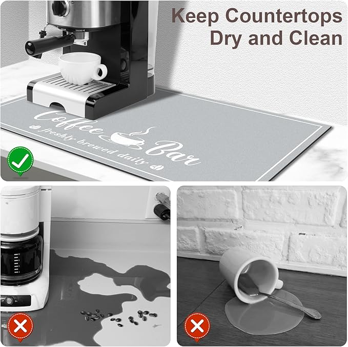 Absorbent Coffee Mat, Fashion Dish Drying Mat for Kitchen Counter Coffee Bar Accessories Espresso Machine Dish Rack 16" x 24" Light Grey