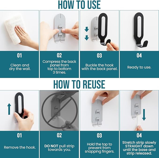 TAILI Damage-Free Hanging Metal Hooks with Adhesive Strips, 2 Hooks and 2 Strips, Heavy Duty Wall Hooks for Home Storages and Decorations