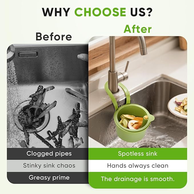 Hanging Food Waste Catcher for Sink, Sink Strainer Basket with Press Dumping, Self-Cleaning Design – Food Strainer for Sink, Faucet-Mounted Trash Catcher for Kitchen (Green)
