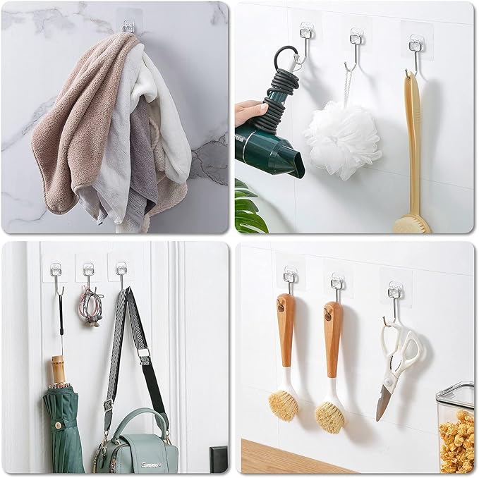 Large Adhesive Hooks, 12-Pack Sticky Hangers for Hanging Heavy Duty, Transparent Waterproof Oil-Proof and Rustproof, Towel and Coats Hooks for Bathroom,Kitchen Home and Office