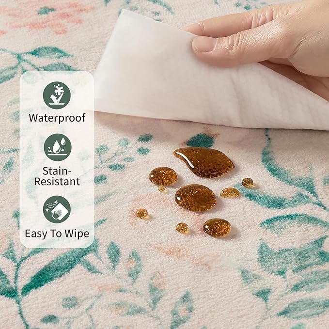 6x9 Pink Rug for Living Room Bedroom, Floral Washable Rug,Vintage Boho Area Rug, Large Non Slip Low Pile Flower Carpet for Indoor Dining Room,Girls Room,Nursery Room and Kids Room(Pink 6x9ft)