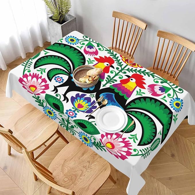 Rooster Table Cloth Rectangle Table Polish Folk Art Floral Leaves Flowers Cock 52x70 Tablecloths Decorative for Dining Kitchen Banquet Picnic Party